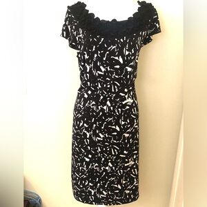 Alfani Black and White Abstract Midi Dress with Beautiful Ruffled Collar